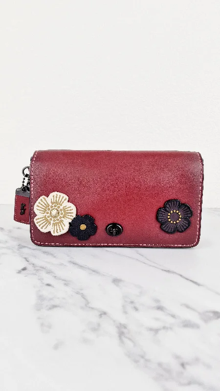 Coach Dempsey bags with a contrast - colored interior for visual interestCoach 1941 Dinky Crossbody Bag in Burgundy Smooth Leather With Coach Create Customized Tea Roses - Coach 38185