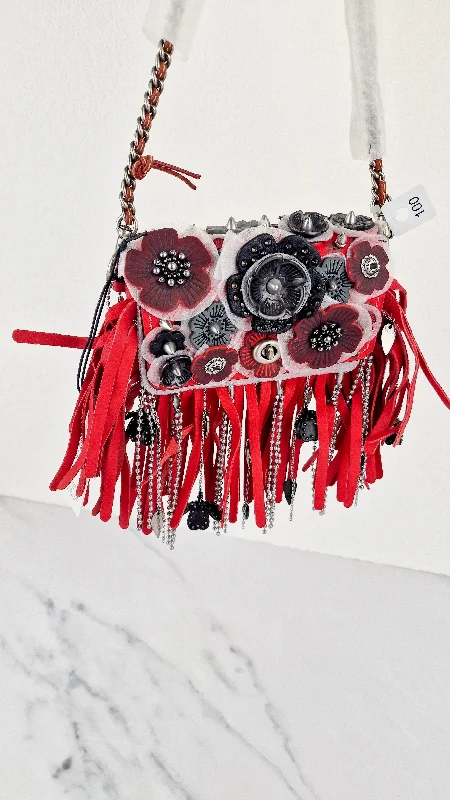 Coach bags with a detachable mirror inside for quick touch - upsCoach 1941 Dinkier in Vermillion Red with Wild Tea Roses Studs & Fringes - Crossbody Bag Clutch Mini Dinky - Coach 86852