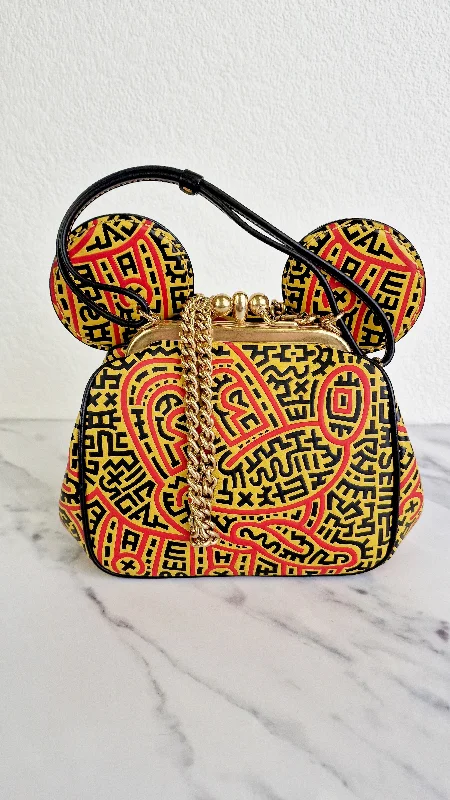 Medium - sized Coach shoulder bags in rich, deep colors for a sophisticated appearanceCoach 1941 Disney x Keith Haring Mickey Mouse Ears Kisslock Bag with Maze Artwork in Red & Yellow Leather - Coach 7418