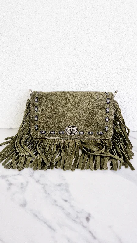 Coach crossbody bags with a keychain holder for practicalityCoach 1941 Dinky in Fern Green Cervo Suede with Fringe & Light Antique Nickel Concho Turnlock - Crossbody Bag Shoulder Bag - Coach 86821