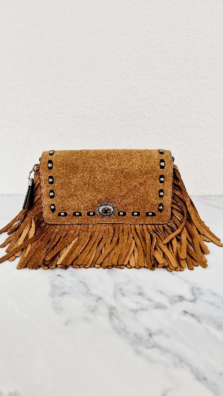 Coach crossbody bags with a detachable coin purse for added functionalityCoach 1941 Dinky in Light Saddle Tan Brown Cervo Suede with Fringe & Light Antique Nickel Concho Turnlock - Crossbody Bag Shoulder Bag - Coach 86821