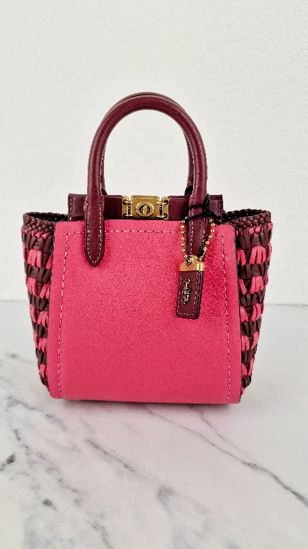 Coach bags with a zippered interior pocket for separating itemsCoach 1941 Troupe Tote 16 in Confetti Pink with Weaving Upwoven sides Smooth Leather - Crossbody Mini Bag Handbag - Coach 619