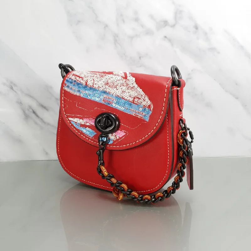 Coach crossbody bags with a printed floral pattern for a feminine touchCoach 1941 Red Saddle 17 Bag with Sequin Emblem Coupe Rally Car - Limited Edition