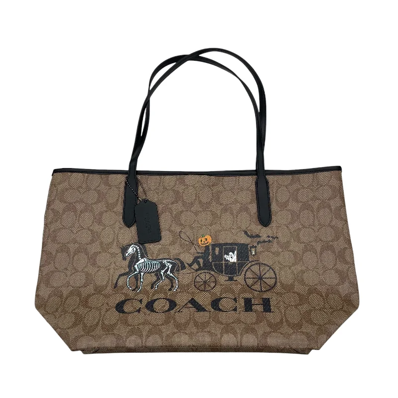 Coach bags with a chain - link trim and a leather body for a modern edgeHandbag Designer By Coach In Tan, Size:Large