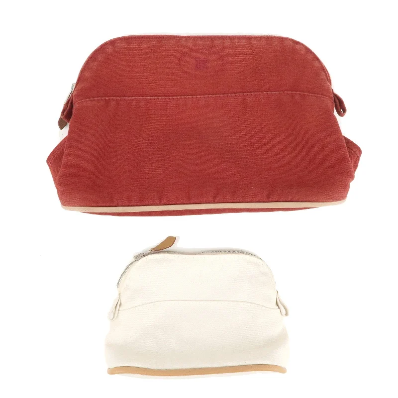 HERMES Set of 2 Bolide Pouch MM & Mini Canvas Leather Ivory Red