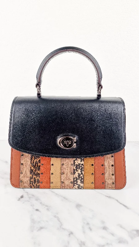 Coach bags with a front - flap pocket and a turnlock for a classic aestheticCoach Parker Top Handle With Signature Canvas Patchwork Stripes And Snakeskin Detail - Coach 79269