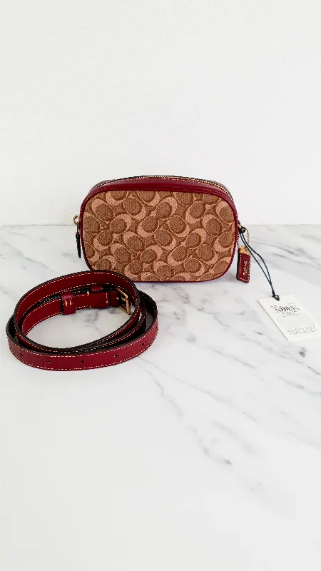 Coach Dempsey bags with a contrast - colored interior for visual interestCoach 1941 Belt Bag Camera Bag in Tan Signature & Scarlett Burgundy Smooth Leather - Coach 50728